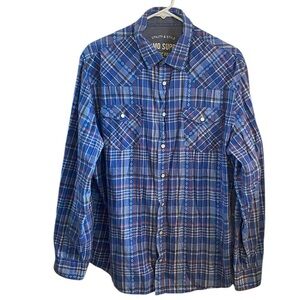 Vintage Mossimo Supply Co. Classic Western Pearl Snap Shirt blue Aztec plaid